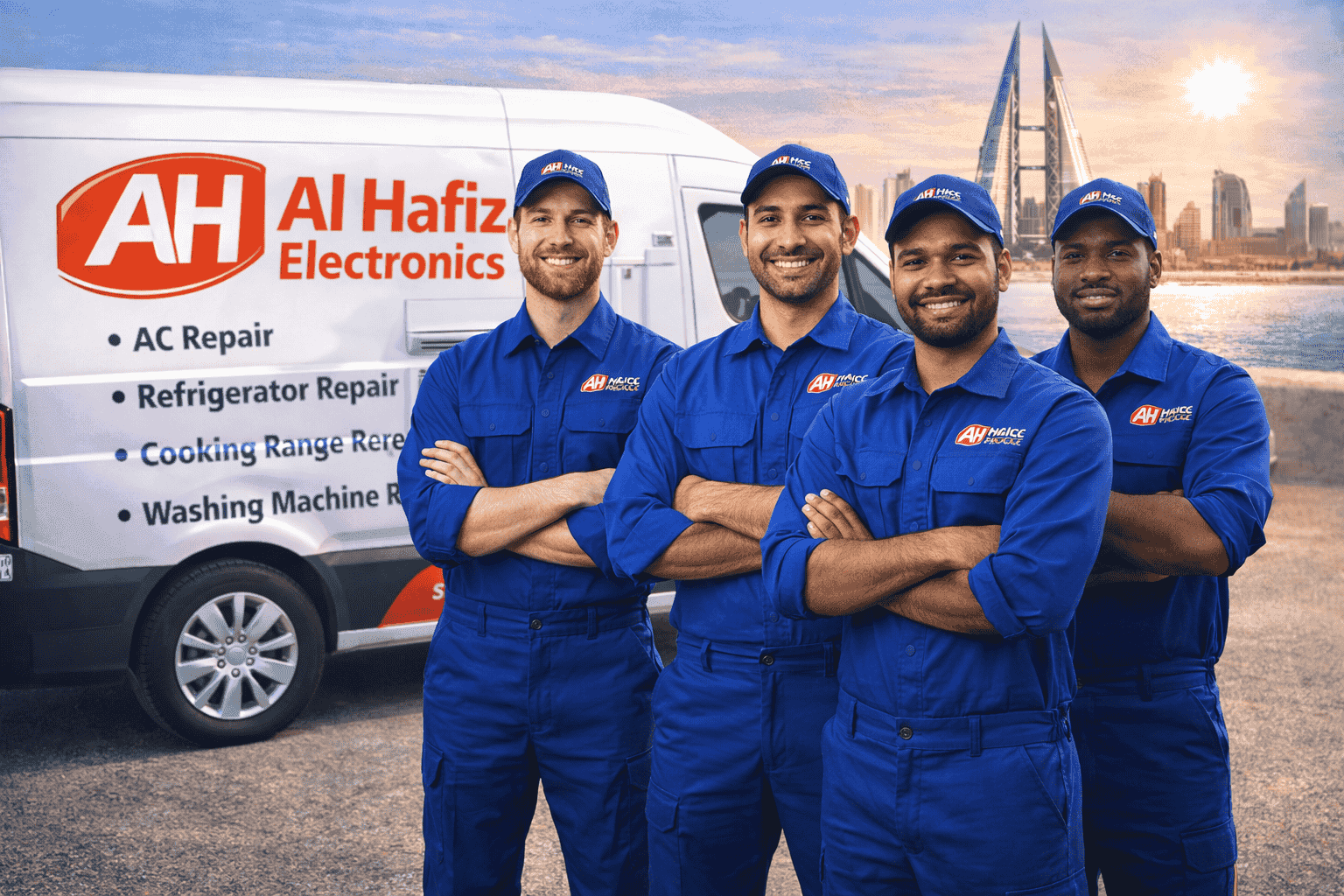 Group of 3-4 diverse professional appliance technicians in matching uniforms, standing confidently with arms crossed, service van in background, Bahrain cityscape, bright professional lighting, team photo style