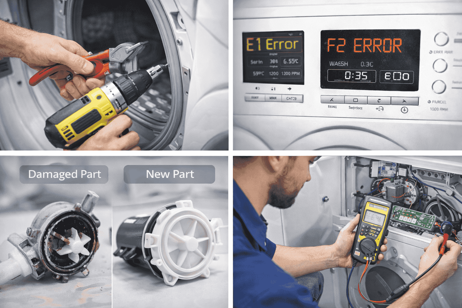 Close-up photos of each repair type (hands working on machine) Error code display examples Damaged vs. new parts comparison Technician using diagnostic tools