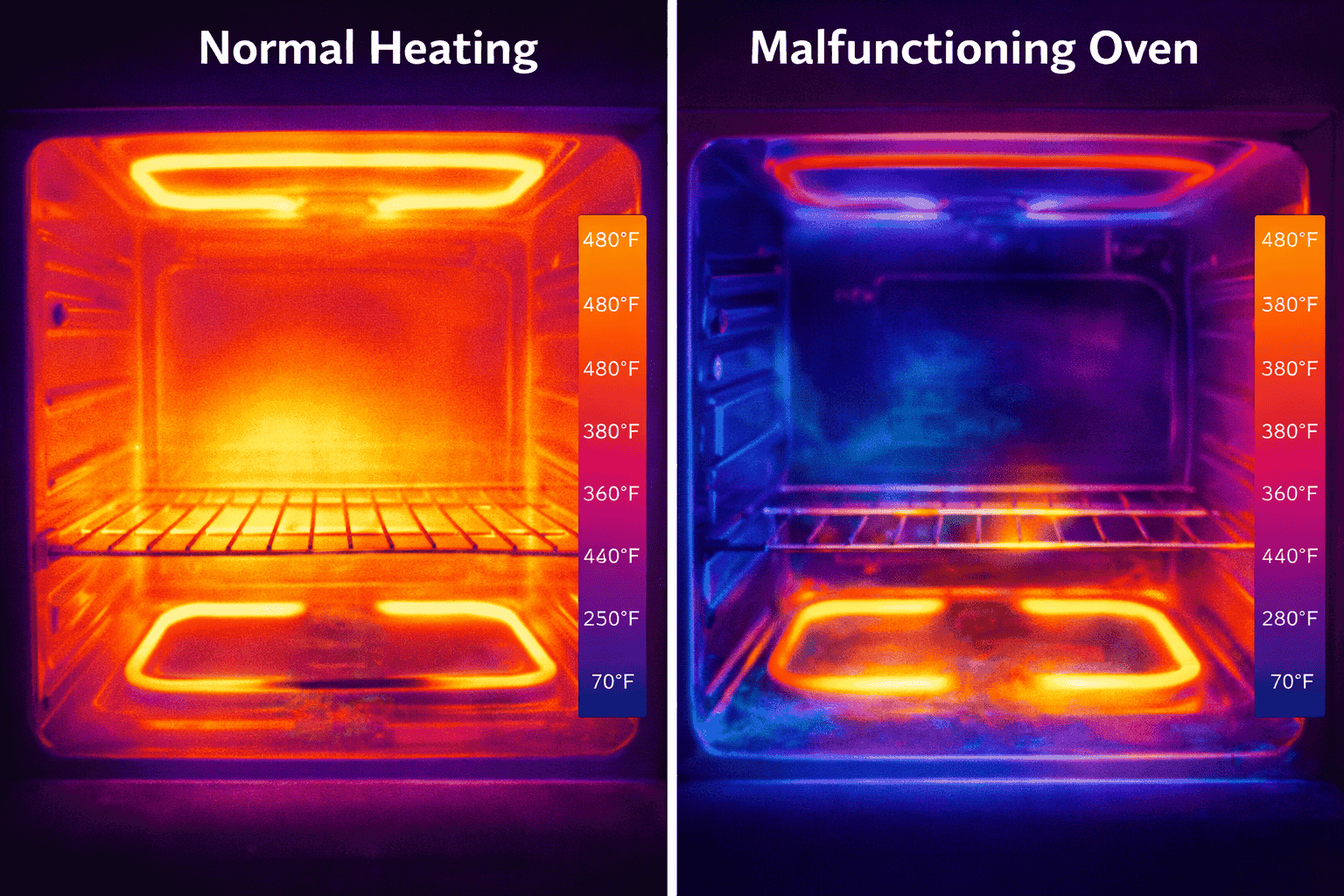 Infrared thermal image showing temperature distribution inside an oven, comparing normal heating vs. malfunctioning oven.
