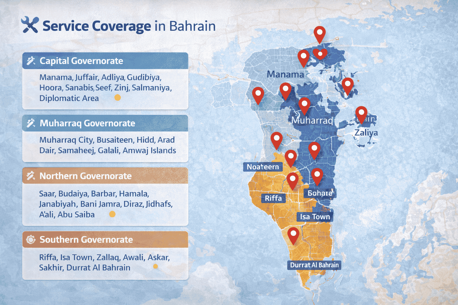 Interactive map of Bahrain with service areas highlighted or pinned locations showing coverage.