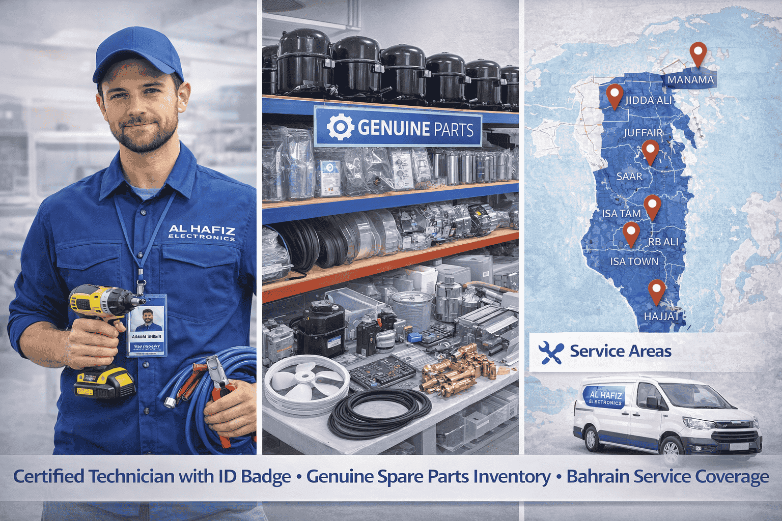 Photo of certified technician with certification/ID badge Image of genuine spare parts inventory Map of Bahrain showing service coverage areas