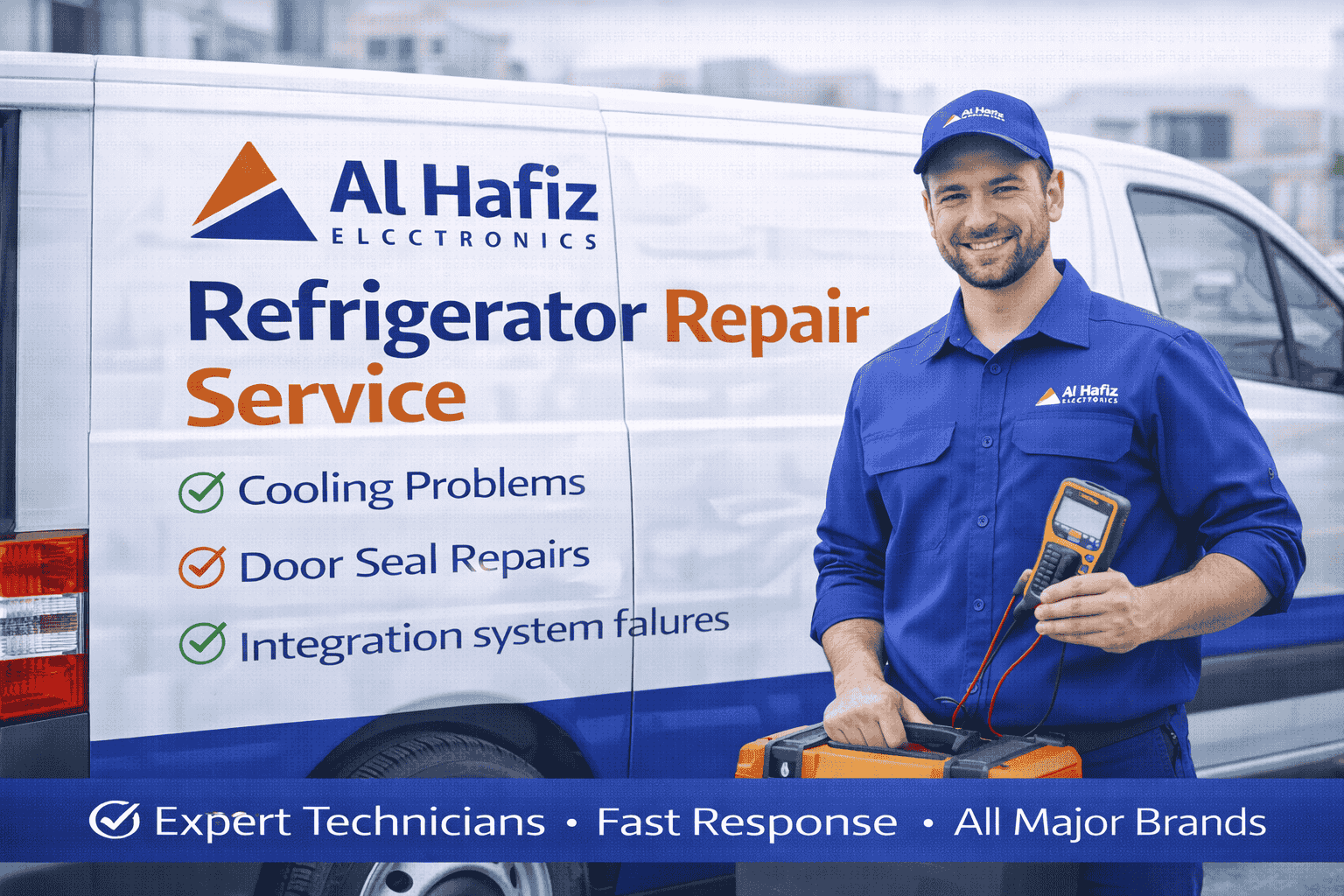 Photo of our technician holding tools with Al Hafiz electronics branding visible, or our service van. for Refrigerator Repair Service