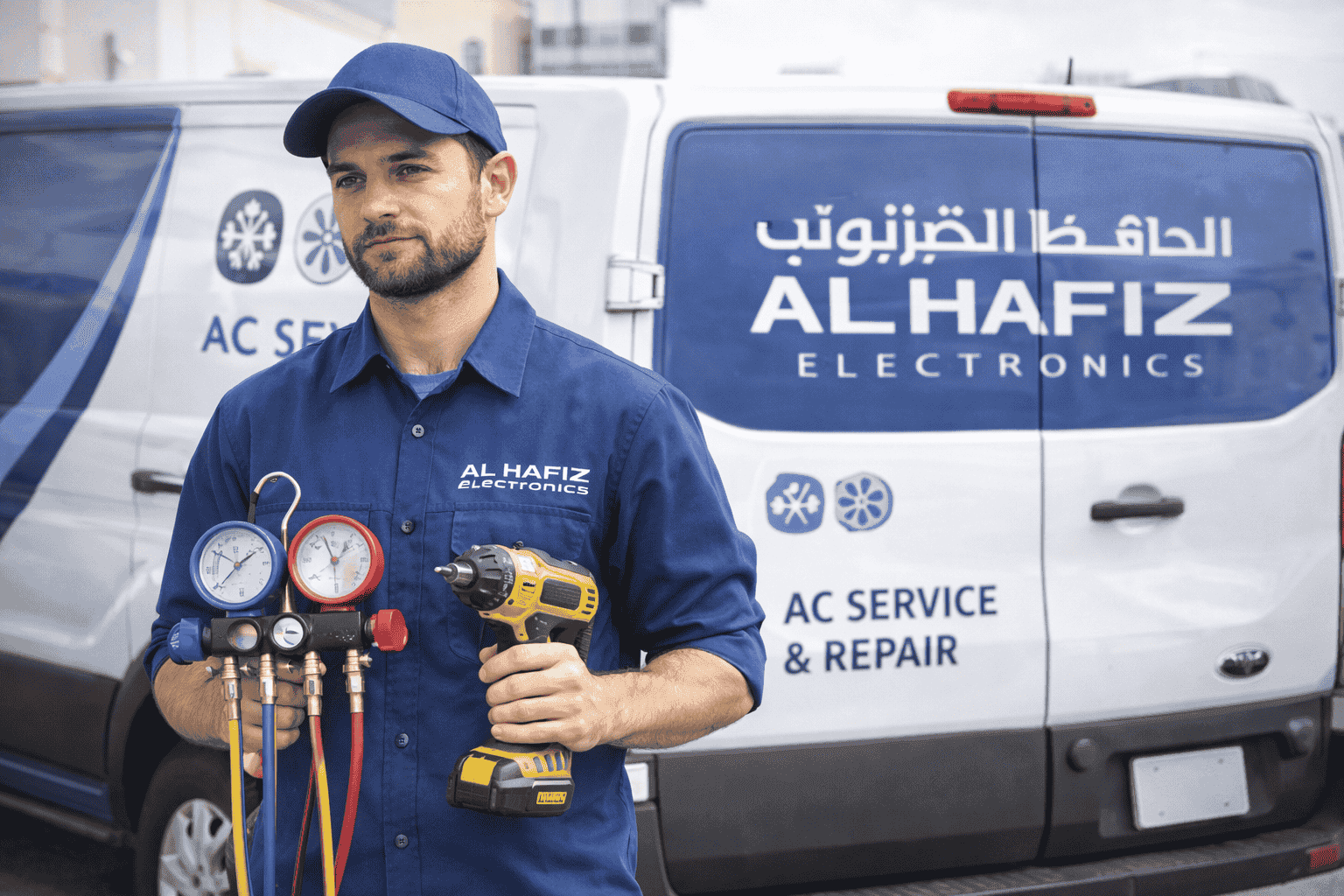 Photo of technician holding tools with Al Hafiz Eectronics branding visible, or service van.
