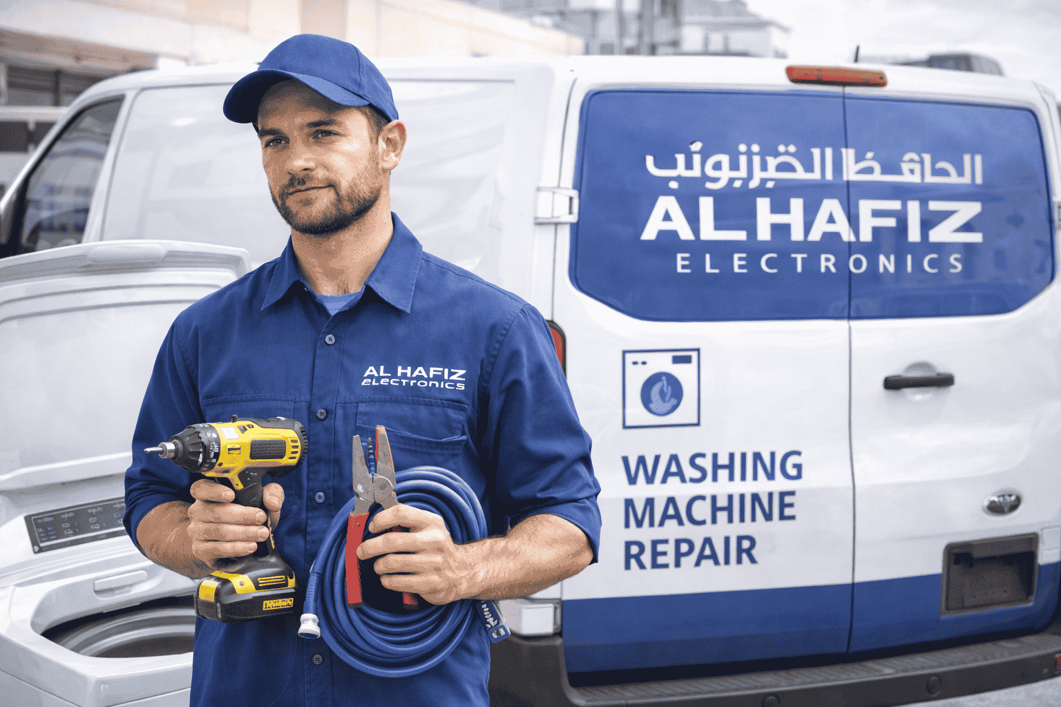 Photo of technician holding tools with Al Hafiz electronics branding visible, or your service van. for Washing Machine Repair service