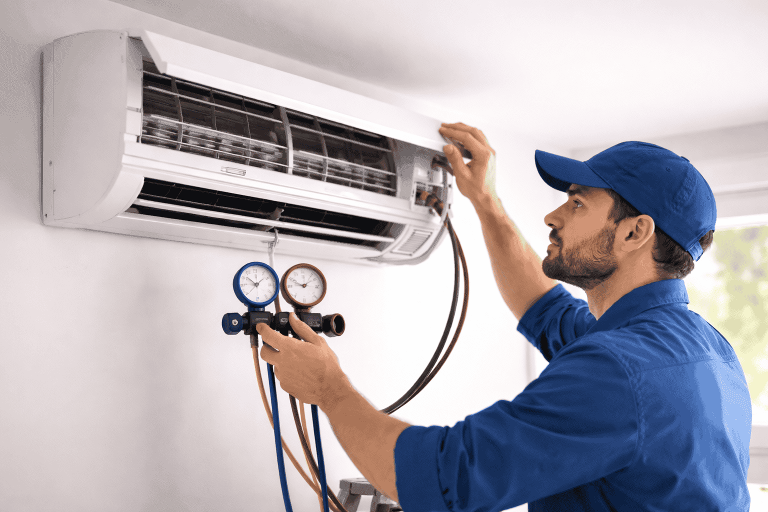 Professional AC technician working on split AC unit