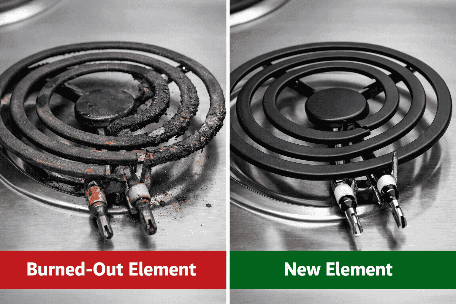 Side-by-side comparison showing a burned-out heating element versus a new replacement element, highlighting visible damage