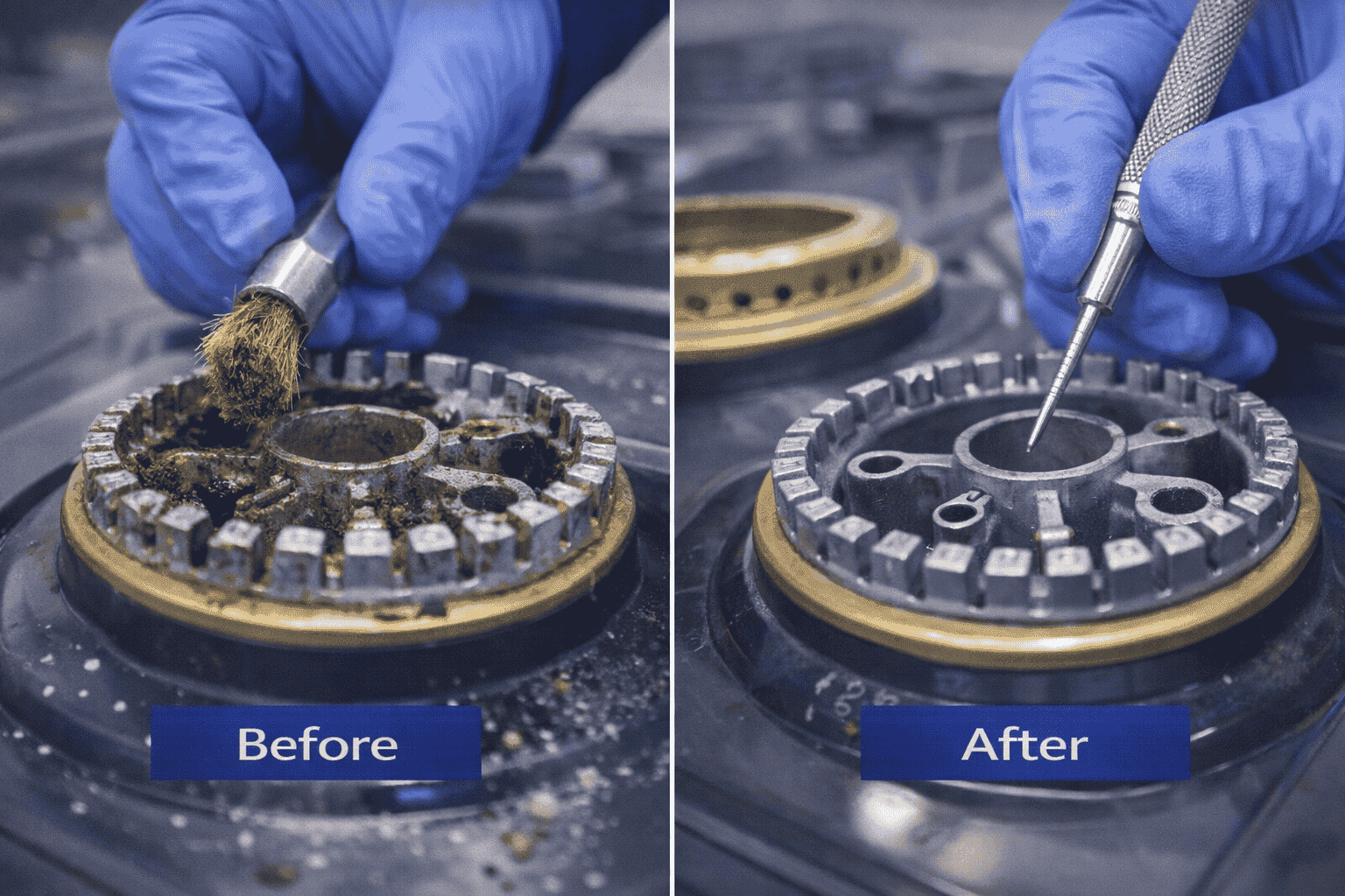 a close-up of a technician cleaning gas burner ports, showing before and after of clogged vs. clean burners with specialized tools.