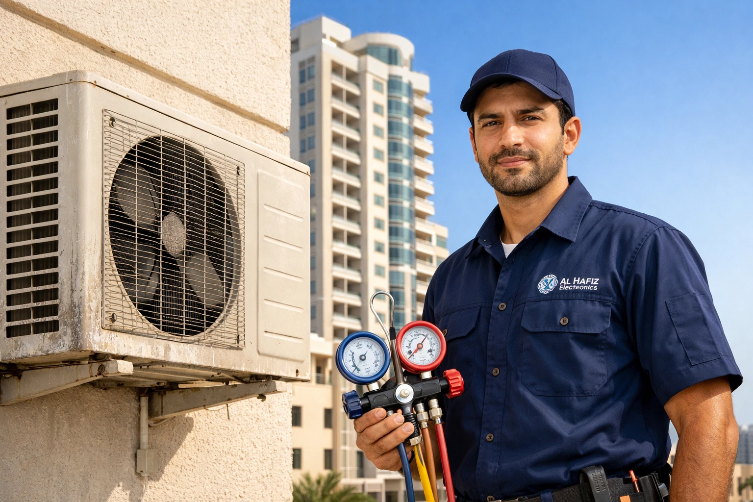 AC repair technician inspecting outdoor split AC unit at a residential building in Manama Bahrain