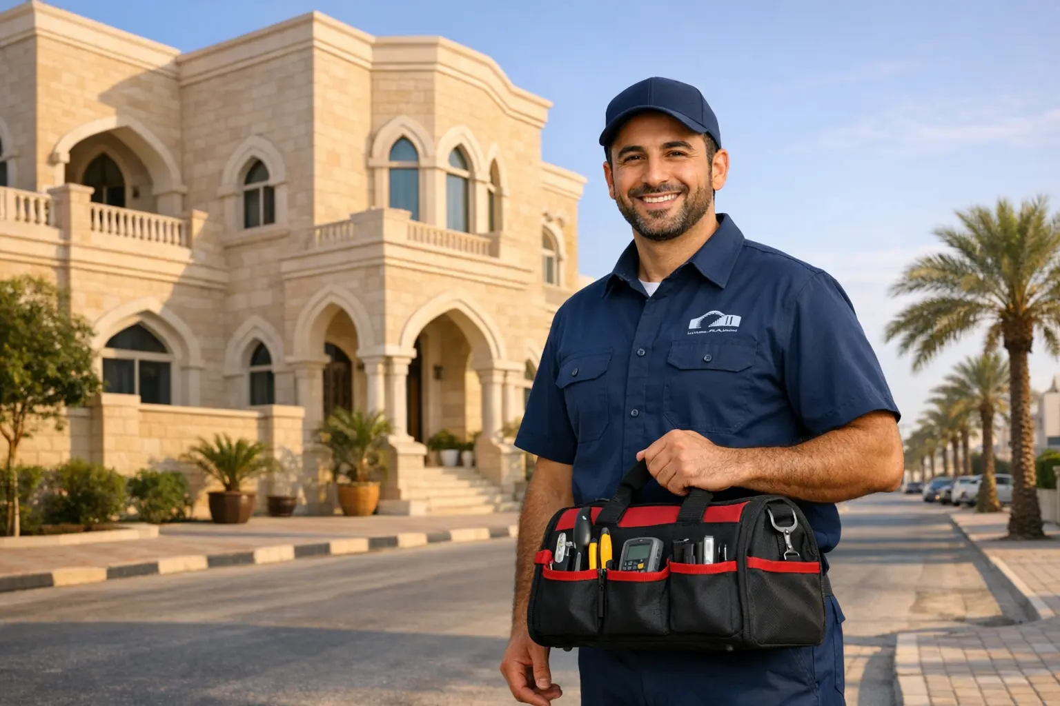Al Hafiz Electronics certified technician standing outside a Riffa Bahrain villa ready to provide same-day AC refrigerator and washing machine repair service