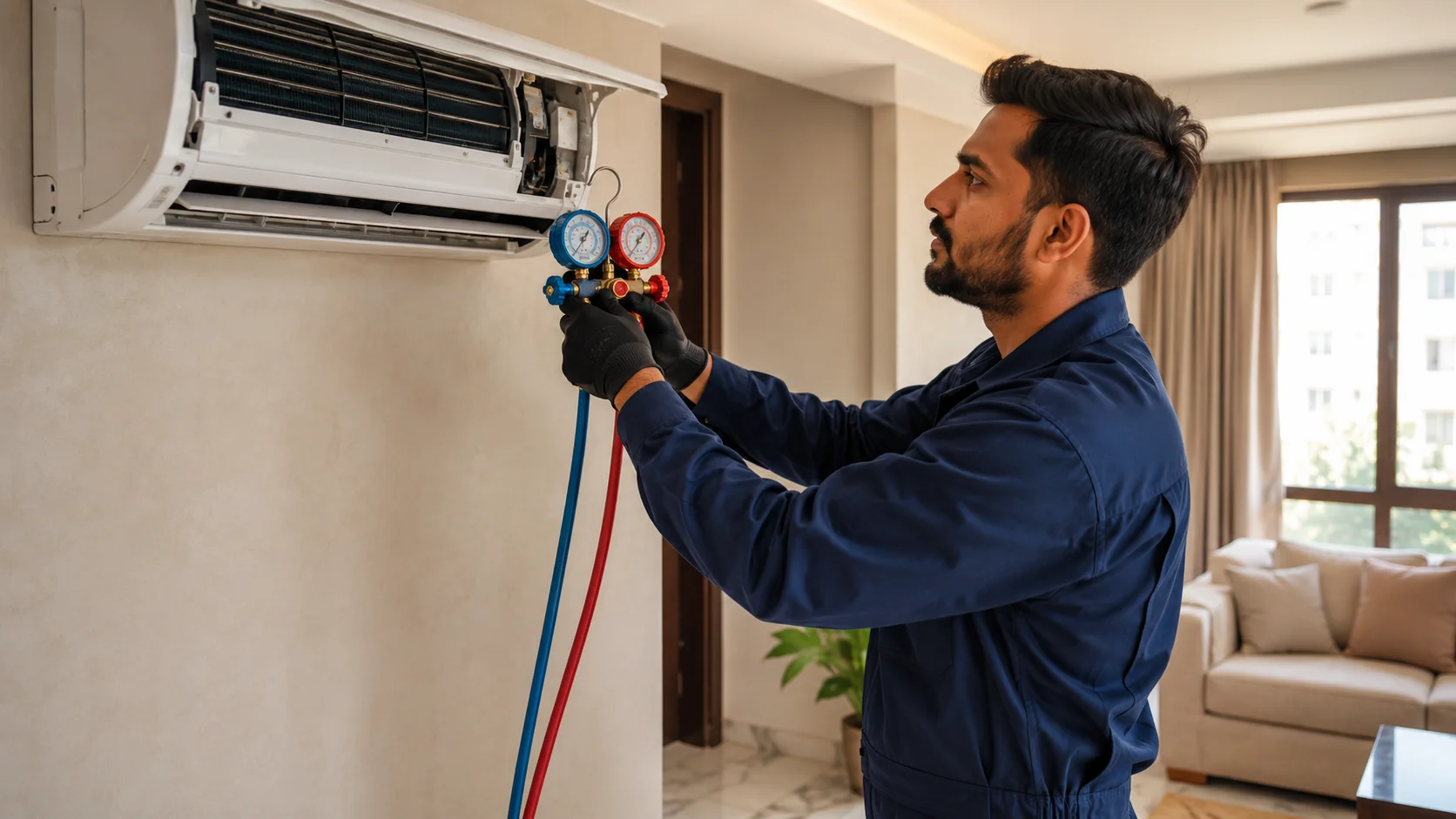 Certified AC repair technician servicing a split unit in Bahrain